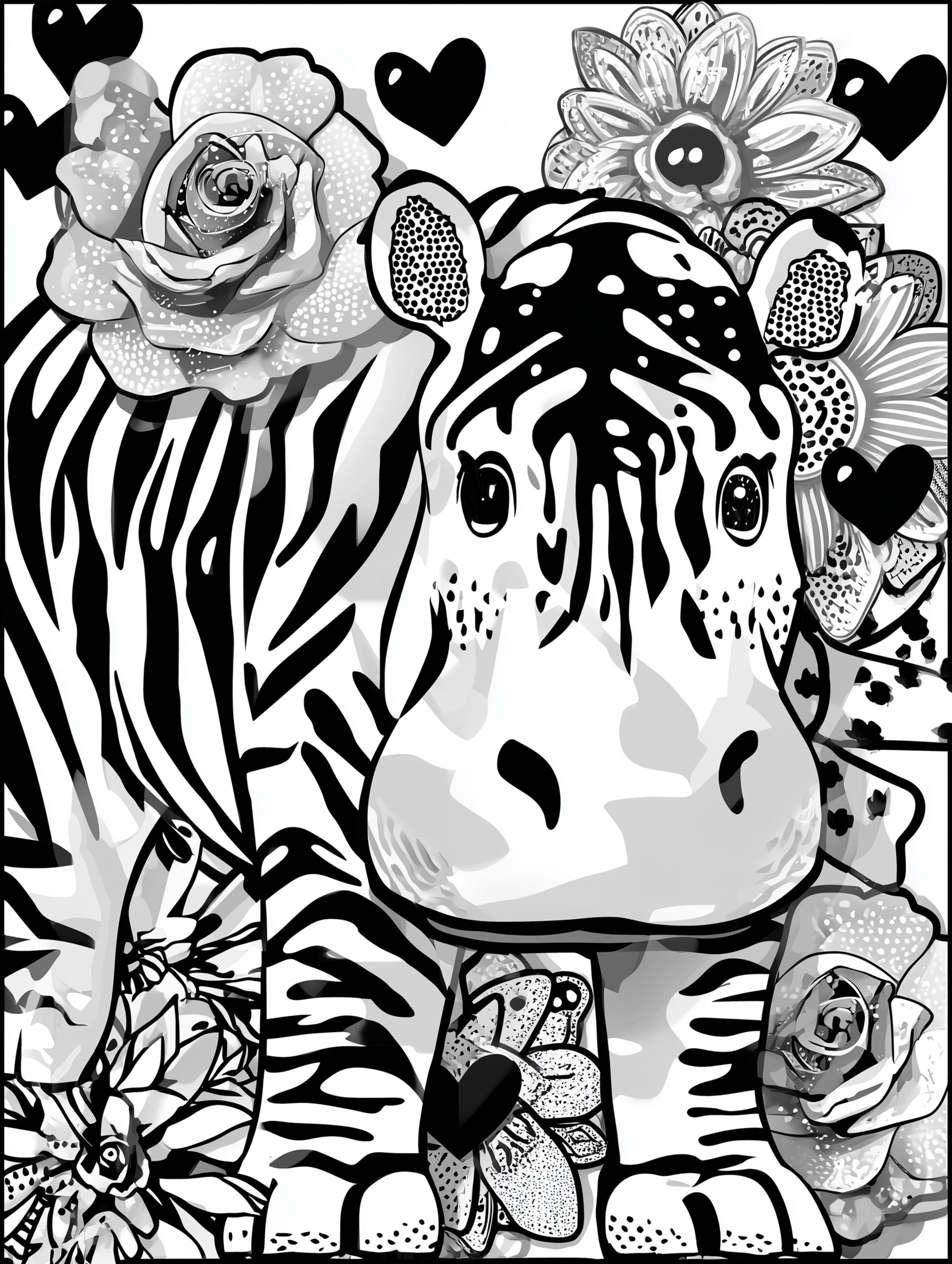 Free printable zoo coloring sheet featuring a hippo face with flowers
